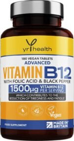 Vegan Vitamin B12 Tablets 1500mcg Methylcobalamin High Strength with Added Folic Acid & Black Pepper - 180 Tablets (6 Month Supply) - Reduction of Tiredness & Fatigue - Made in The UK by YrHealth - Image 2