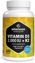 Vitamaze® Vitamin D3 K2 high dose, 2000 IU Vitamin D3 + 100 mcg Vitamin K2 MK7 All Trans, 240 Tablets Vitamin D Without Unnecessary additives, Made in Germany - Image 2