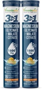 Vitaminnica Magnesium 3-in-1 Effervescent- 15 Tablets – High Absorption Magnesium Malate, Citrate & Glycinate – Energy, Muscle Function & Relaxation – Sugar-Free (Pack of 2, Orange) - Image 2