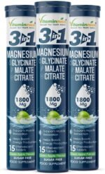 Vitaminnica Magnesium 3-in-1 Effervescent- 15 Tablets – High Absorption Magnesium Malate, Citrate & Glycinate – Energy, Muscle Function & Relaxation – Sugar-Free (Pack of 3, Green Apple) - Image 2