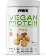 Weider Vegan Protein (750g) Cookie Flavour. 23g Protein/dose, Pea Isolate (Pisane) & Rice Protein. with Vitamin B12 & Stevia. Gluten Free, Sugar Free. Packaging 50% Recycled, 100% Recyclable - Image 2