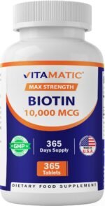 Vitamatic Biotin 10,000 mcg for Stronger Hair, Skin & Nails - 365 Vegan Tablets- Also Called Vitamin B7 - Image 2